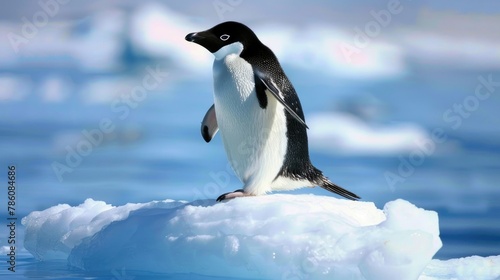An Adelie penguin is perched on top of an ice floe photo