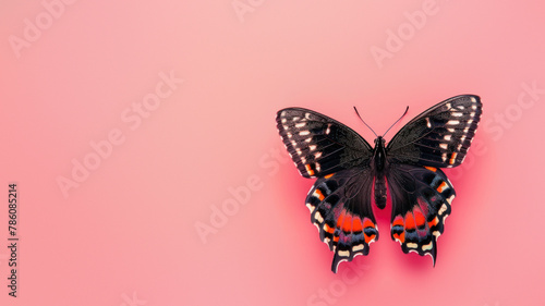 A dark mysterious butterfly with vivid orange and white spots contrasts against a soft pink background photo