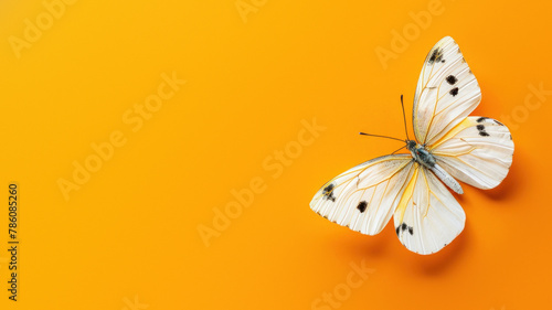 A monochromatic butterfly, showcasing spots and patterns, poses on a single-colored orange background, articulating simplicity and purity photo