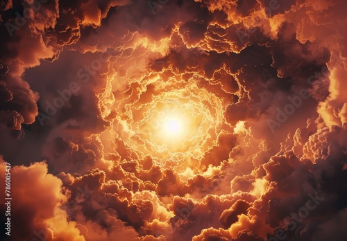 A radiant sun shines at the center of a fiery cloudscape, evoking a sense of awe and the sublime power of nature.