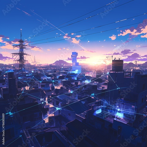 Explore the city's futuristic alleyways at dusk in this vibrant, detailed illustration. Perfect for urban planning projects or tech-forward branding.