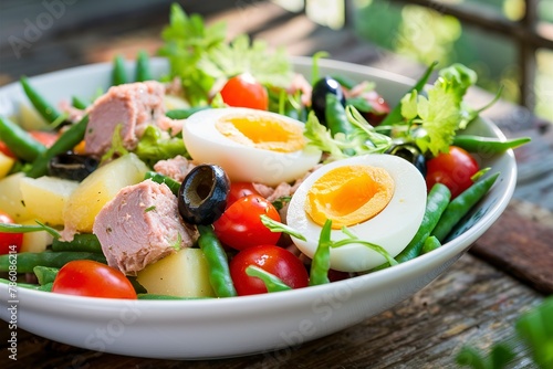 Healthy hearty salad of tuna  green beans  tomatoes  eggs  potatoes  black olives close-up in a bowl on the table