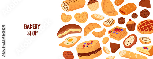 Baked products, flour food, fresh pastry on horizontal banner. Design of template of bakehouse menu cover. Background with different bread, croissants, cakes, pies, buns. Flat vector illustration