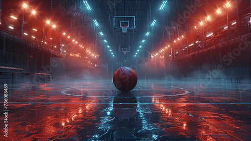 Basketball Arena with Basketball Ball -ar _ , Fire basketball court concept illustration 