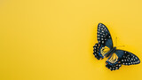 This image displays a striking contrast with a bold blue and black butterfly centered on a clean yellow surface