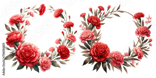 Red carnation round wreath watercolor illustration material set