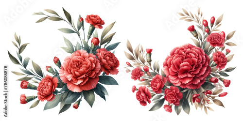 Red carnation round wreath watercolor illustration material set