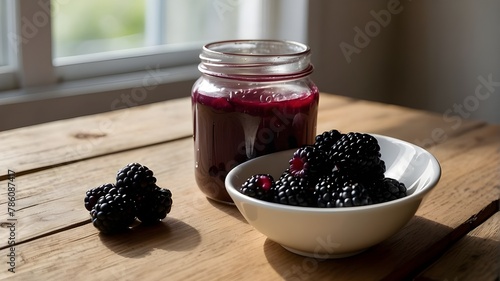 Bowl of yoghurt and blackberry compot on wooden table. The scene is set indoors, in a cozy kitchen with soft natural light filtering through a nearby window. The wooden table has a rustic texture, wit