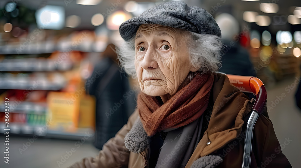 Porträt einer alten Frau beim Einkaufen im Supermarkt 