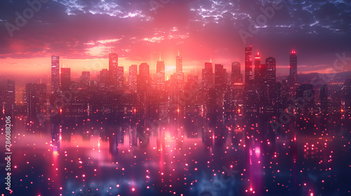 Cityscape with Connecting Dot Technology of Smar   Panoramic view of night city synthwave in the night