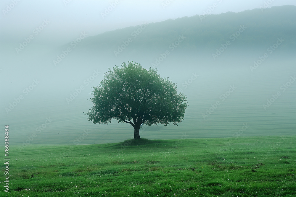 A lonely tree, open fields and woodlands , misty morning in the morning A lonely tree, open fields and woodlands , misty morning in the morning