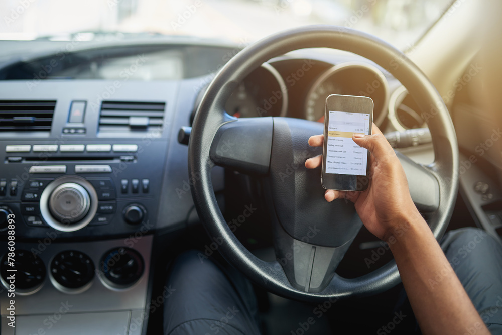 Phone, texting and driving with hands of person on steering wheel with scroll, danger and risk. Road safety, awareness and driver in car with smartphone, distraction and attention with auto insurance - obrazy, fototapety, plakaty 