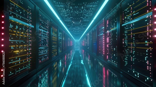 A sprawling data center illuminated by rows of blinking lights and humming servers, the heart of a vast digital ecosystem powering the modern world 