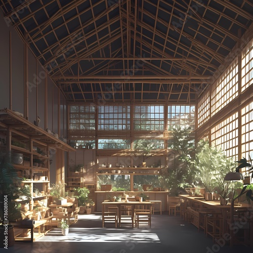 Experience the Artistry  Step into a Traditional Japanese Craft Workshop with Bamboo Blossoming in Sunlight