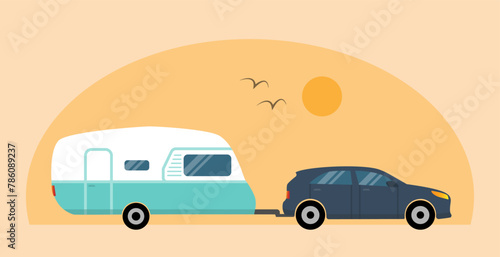 Car pulling camper trailer, caravan lifestyle.