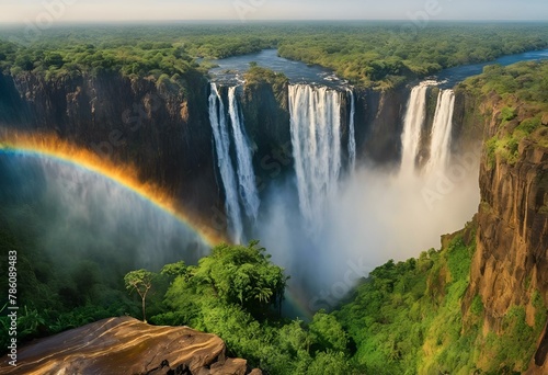 AI generated illustration of Rainbow near waterfall under sky