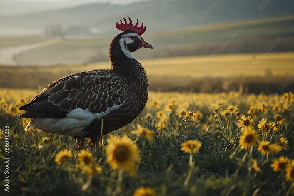 goose on the grass, goose in the flowers in yellow flowers background
