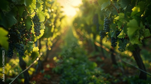 a vineyard scene with grapes at sunset in the distance and sunlight rays shining down on
