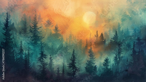 a painting with trees and sun in the background and watercolor overlaying photo