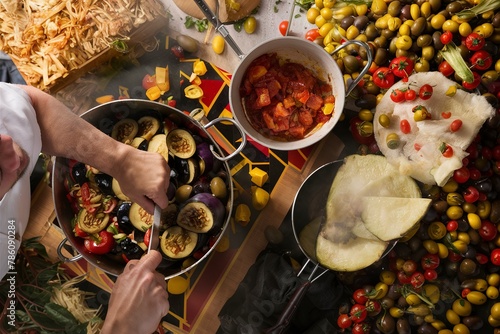 Cooking with eggplant, olives and tomatoes, ingredients for caponata photo