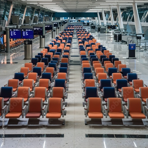 Empty ogange and blue seats in airport