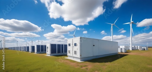 Advanced battery energy storage system with wind turbines and solar panels. green energy concept