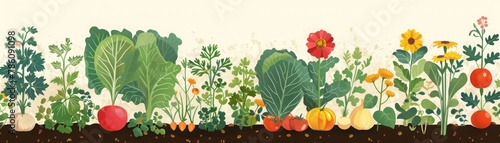 A colorful and detailed illustration showcasing a variety of vegetables and wildflowers thriving together in a bountiful garden setting. photo