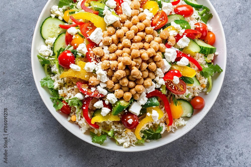 Healthy low carb salad with cauliflower rice, fresh vegetables, feta cheese and chickpeas Healthy low carb salad with cauliflower rice, fresh vegetables, feta cheese and chickpeas