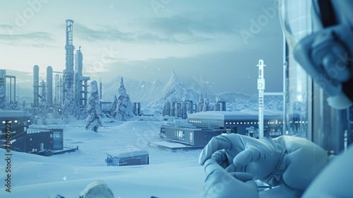 A smart bandage being developed in a lab, with a backdrop of a serene, frozen tundra