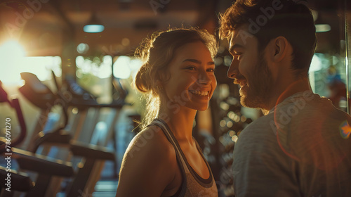 Portrait photography, candid natural shot, happy couple working out in gym. Bright, interior lighting, shadow play, fitness, weight lifting, athletic, self improvement, relationship goals, isolated