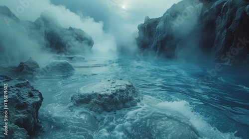 Mystical Fog Over Turquoise Geothermal Springs. Generative AI