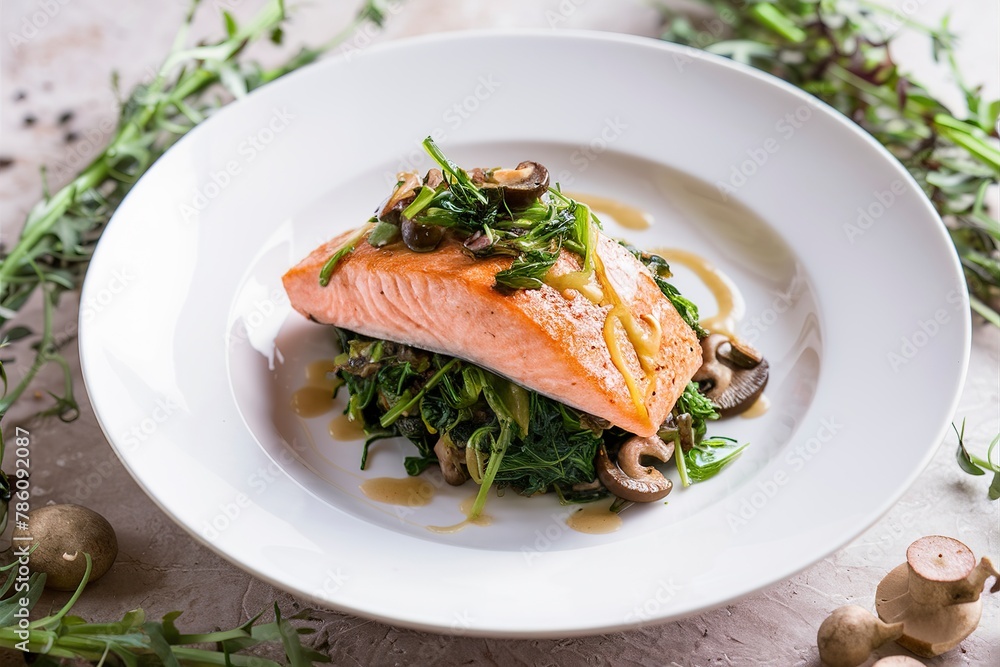 Salmon fillet served with sauteed greens and mushrooms, gourmet plating Salmon fillet served with sauteed greens and mushrooms, gourmet plating