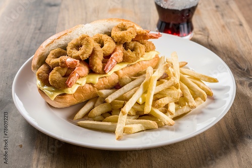 Wallpaper Mural Shrimp po boy sandwich with fries served with soda Torontodigital.ca