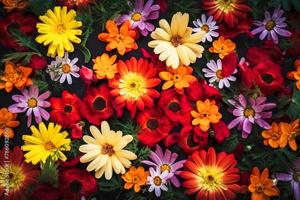Texture of live mixed field multicolored blooming flowers for background, wallpaper. AI generated. Texture of live mixed field multicolored blooming flowers for background, wallpaper. AI generated.
