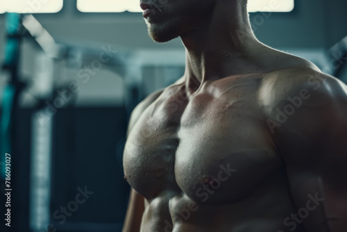 AI-generated illustration of a muscular shirtless man in a dim gym setting
