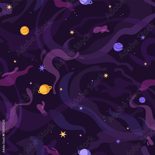 Endless backdrop with dark open space. Repeatable pattern of planets, stars in cosmos. Galaxy, universe, solar system, night sky on background. Astrology, astronomy. Flat seamless vector illustration