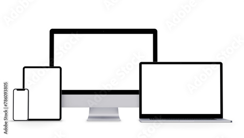 Laptop, Smartphone, Tablet and Monitor mockup isolated with transparent screen and shadows png 