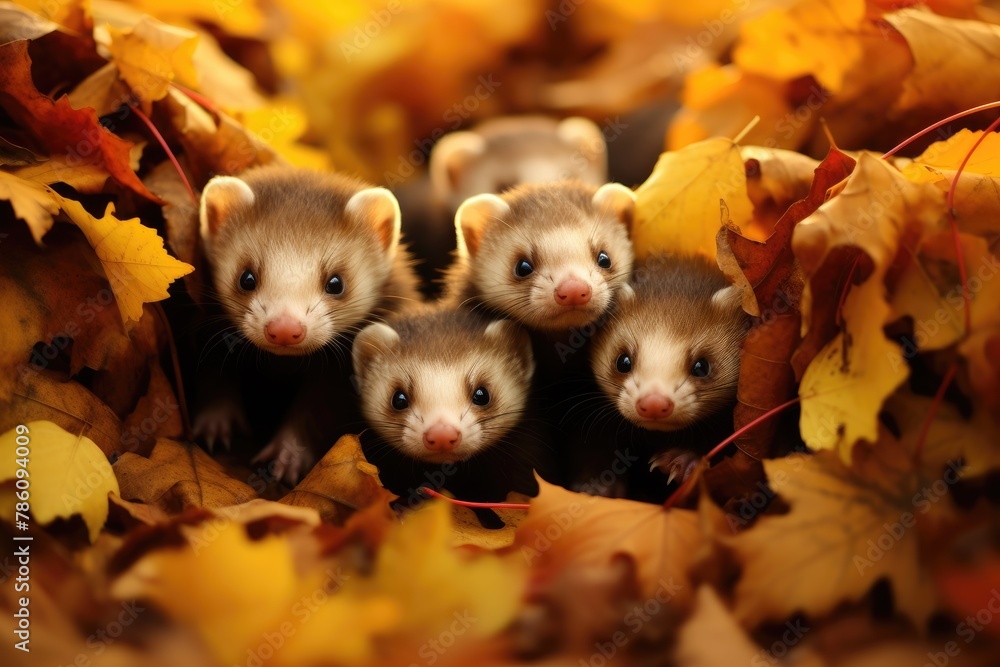 Ferrets tunneling through a pile of glowing leaves. Ferrets tunneling through a pile of glowing leaves.
