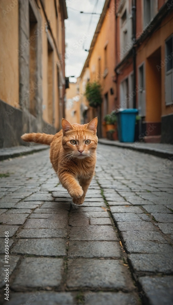 Striking red cat races down the urban street with elegance its fur glowing in the sunlight