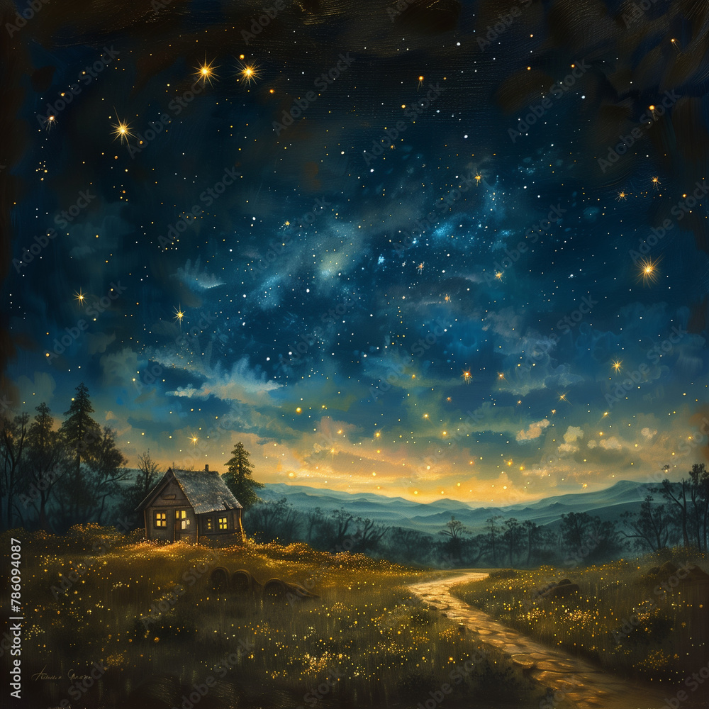 AI generated illustration of a rustic barn under a starry night sky with a pathway leading to it