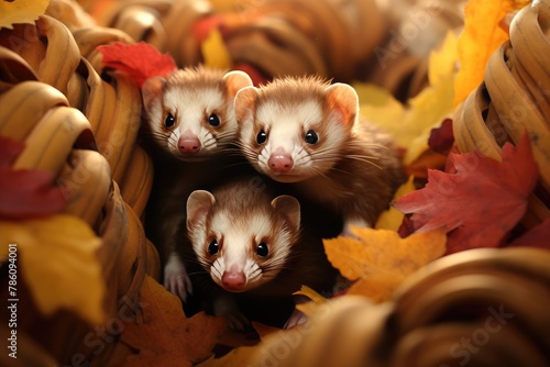 Ferrets tunneling through a pile of glowing leaves. photo