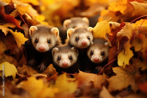 Ferrets tunneling through a pile of glowing leaves.
