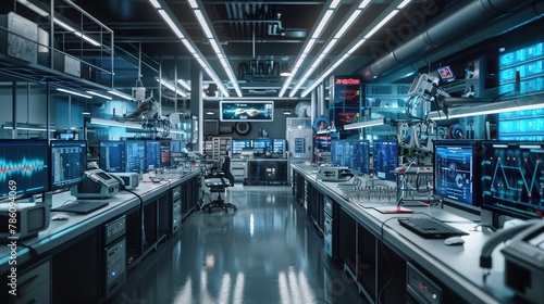 A state-of-the-art laboratory bustling with activity, with rows of advanced equipment and monitors displaying intricate data visualizations, capturing the essence of scientific innovation in action. 