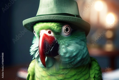 Mr green parrot gentleman in boss hat and scientist. AI generated. photo