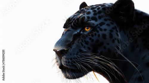 A sleek black panther, its piercing yellow eyes gazing intensely into the distance, poised and powerful against a pristine white backdrop.