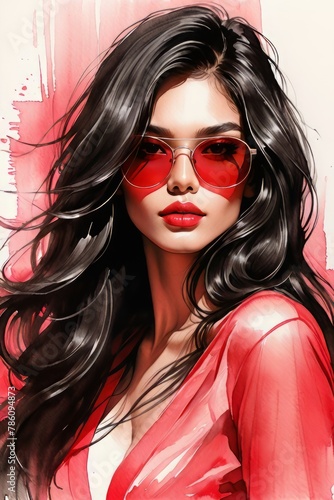 AI generated illustration of a woman in red sunglasses and lipstick, with long black hair © Wirestock