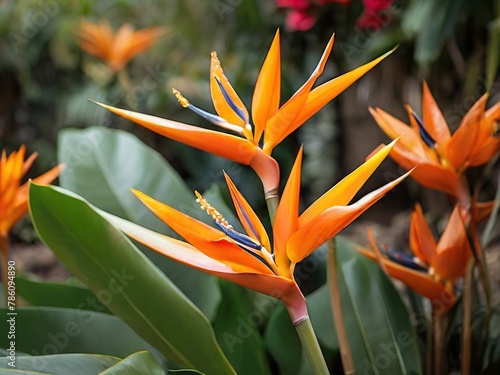 Blooming strelitzia flowers in a flower garden for decorative purposes Artful flower pictures and fresh strelitzia blooms 