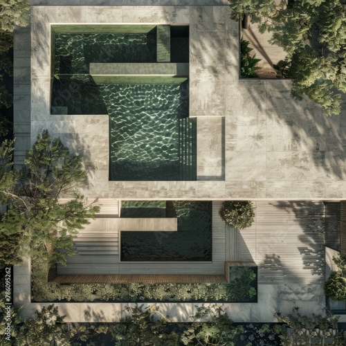 AI generated illustration of an aerial view of pool in wooded setting photo