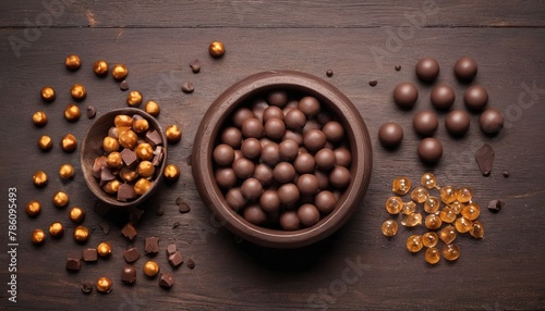 Choco drops with chocoballs, choco bars, caramel in a clay bowl on wooden background, top view