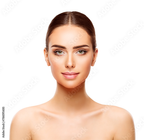 Beauty Model Face Skin Care. Beautiful Girl Portrait Full Lips over White. Woman Facial Treatment Cosmetics and Facelift Plastic Surgery. Spa Cosmetology